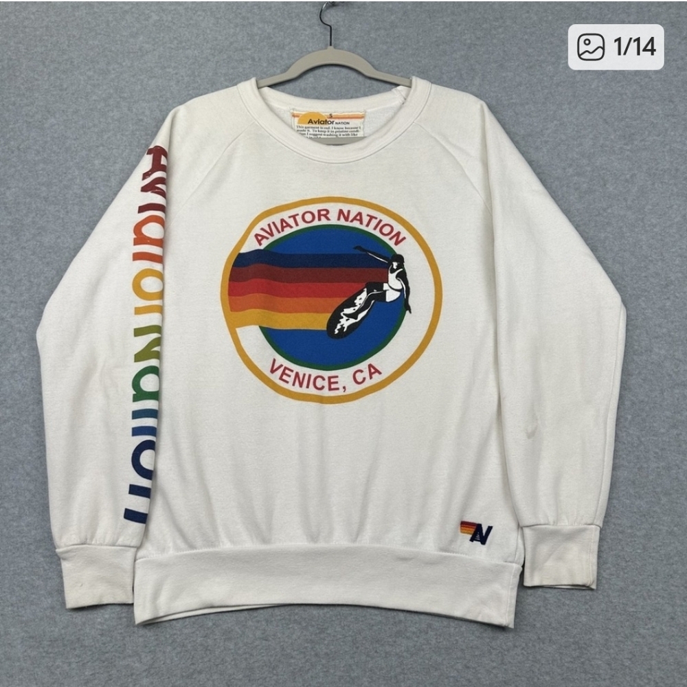 Aviator Nation Men's Cream Sweatshirt with Rainbow Stripes
